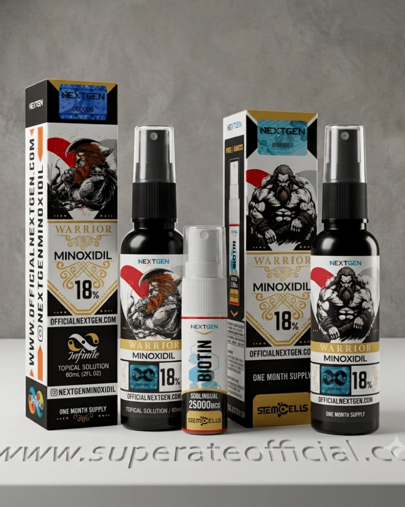 Minoxidil Warrior 18% – NextGen 60 ml + Biotina Sublingual Nextgen GRATIS