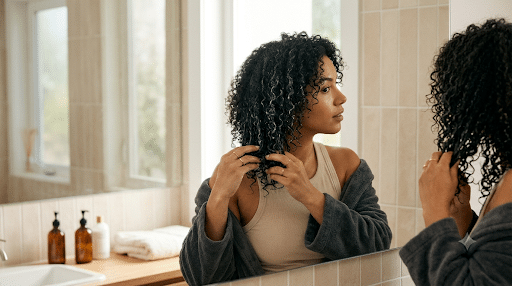 Mujer aplicando crema para peinar en cabello rizado frente al espejo del baño usando la técnica scrunch