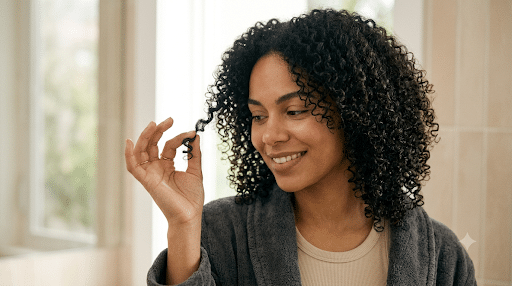 Mujer sonriendo mientras mira con satisfacción un rizo de su cabello sano y definido