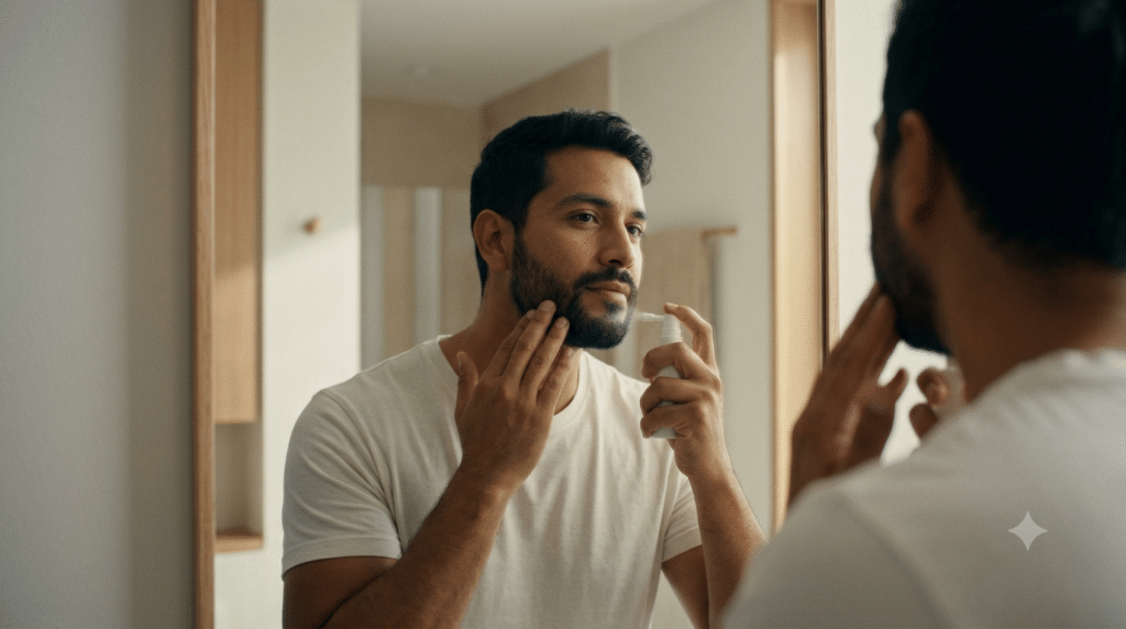 Hombre aplicándose minoxidil en la barba frente al espejo mientras revisa la piel de la mandíbula