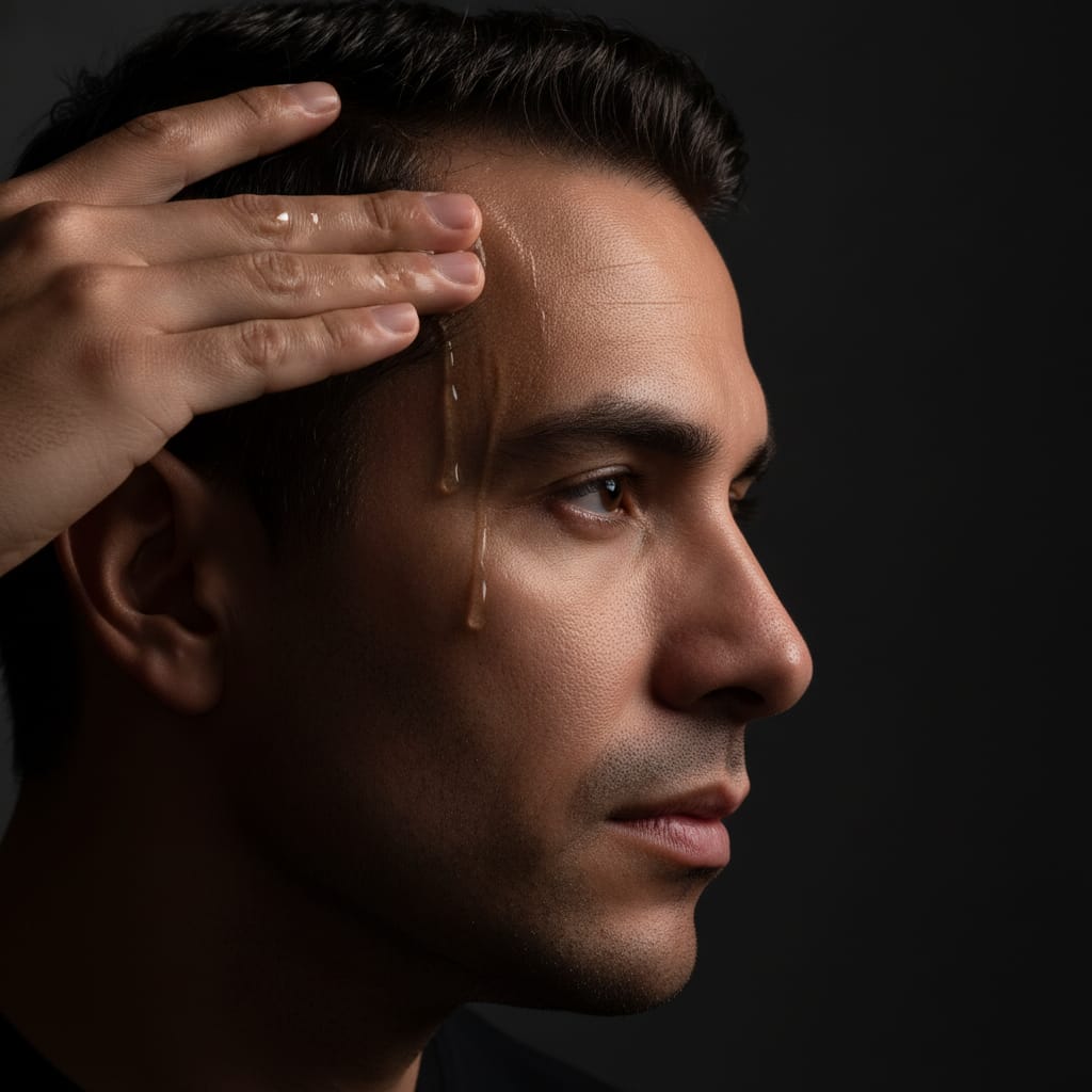 Aplicación de Nanoxidil Magnum en línea frontal del cabello, hombre colombiano de perfil