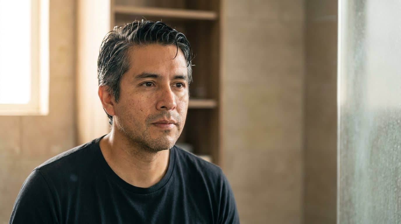 Hombre de unos 38 años frente al espejo del baño, girando la cabeza para mirarse las canas en las sienes