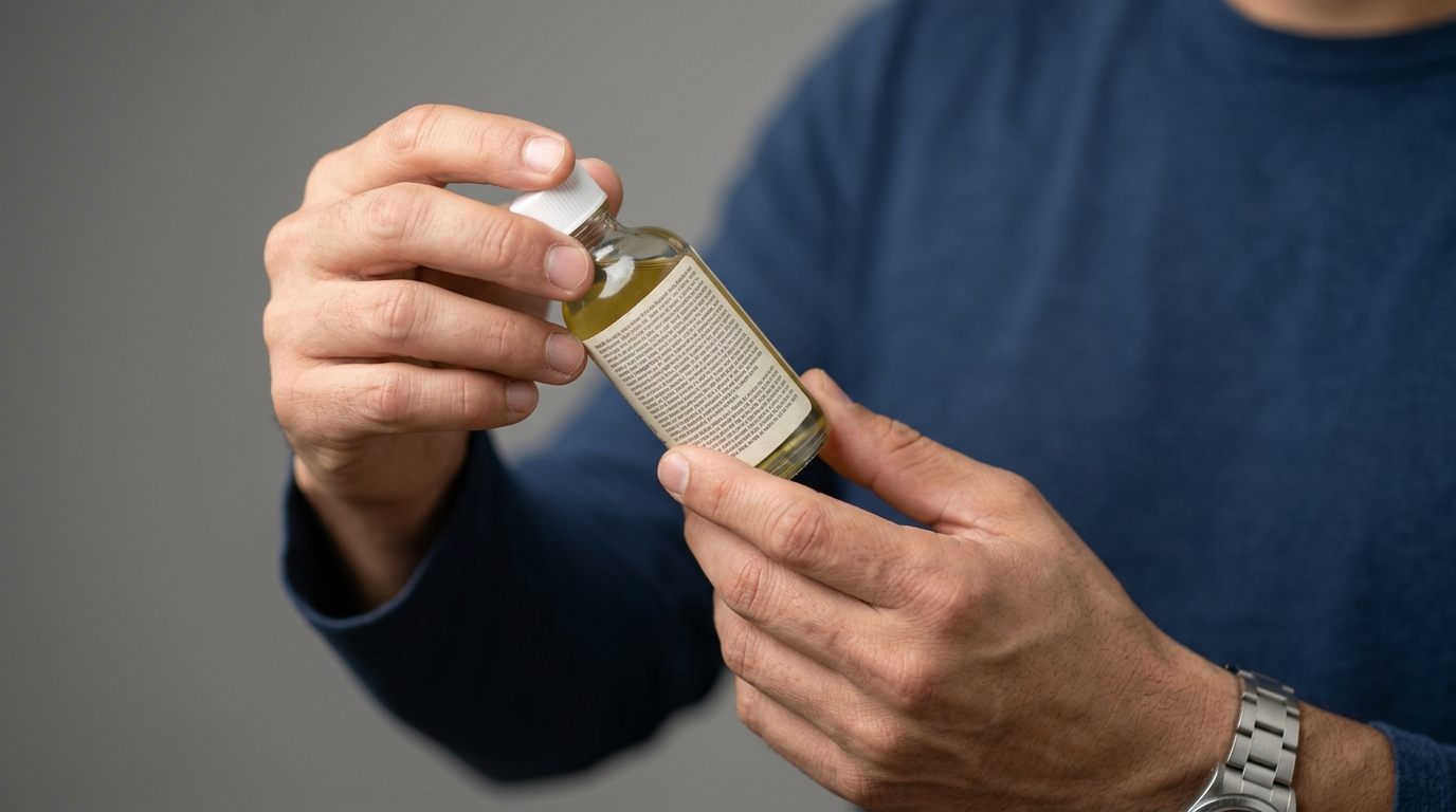 Manos de un hombre sosteniendo un frasco de solución tópica y leyendo la lista de ingredientes de la etiqueta