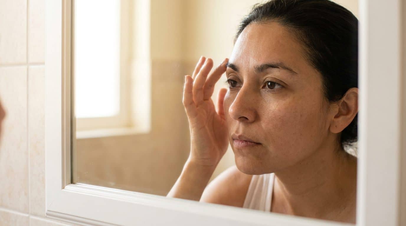 Mujer de unos 30 años frente al espejo del baño, tocándose la ceja para mirarse de cerca las zonas más despobladas